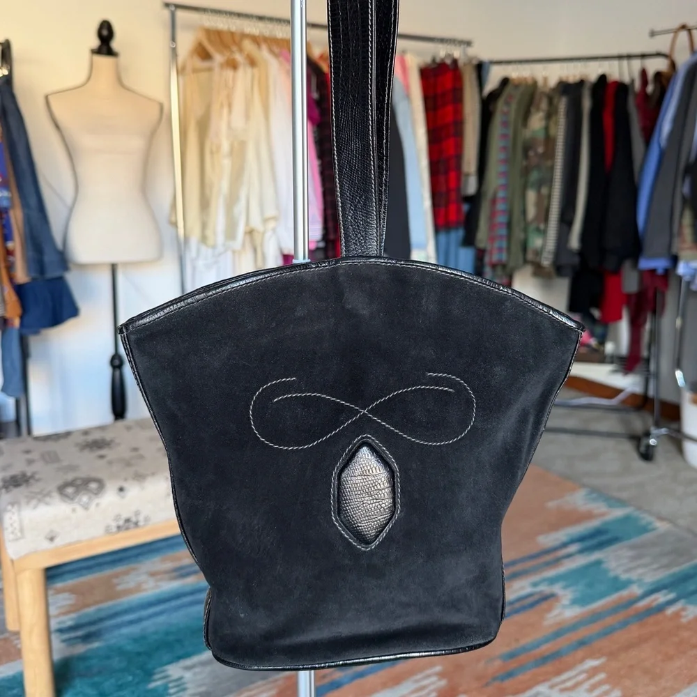Vintage Roberto Ricci Black Suede Western Bag Stamped Lizard Trim Details
